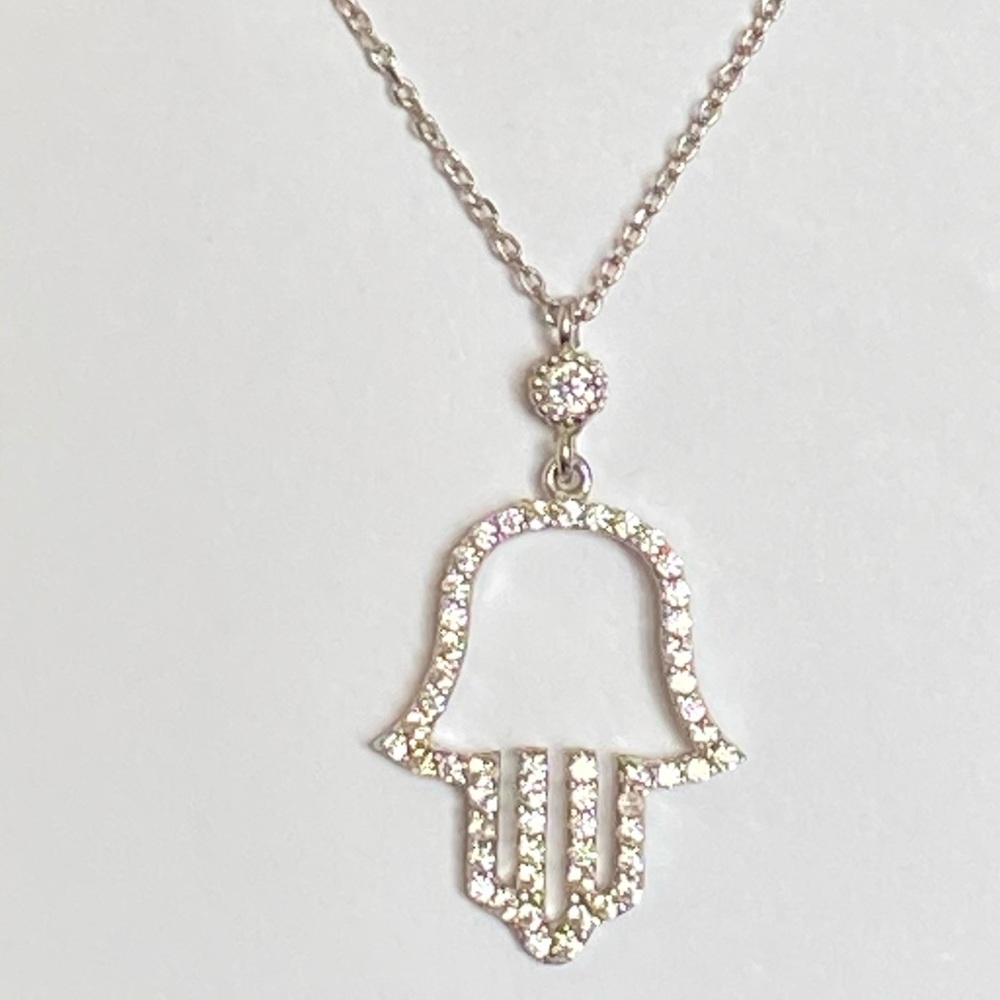 🤚🏻925 Silver necklace hamsa hand clear cubic zirconia cz stones hand of fatima